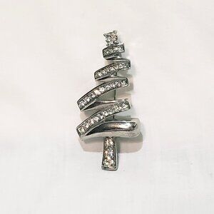 Monet Christmas Tree Swirl Rhinestone Silver tone Brooch 2.5" Vintage Holiday